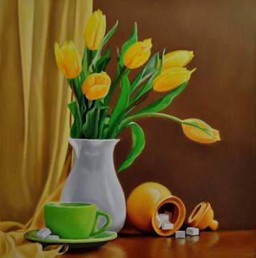 STILL LIFE WITH FLOWERS AND A CUP OF TEA thumb