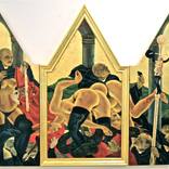 The Cloisters/Pilgrim by Masami Teraoka. 2010 oil on panel in gorld-leaf frame. by Masami Teraoka