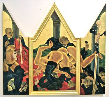 The Cloisters/Pilgrim by Masami Teraoka. 2010 oil on panel in gorld-leaf frame. thumb
