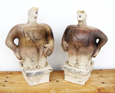 Pair of Stargazer Figures - Looking At Orion - Ceramic Sculpture thumb