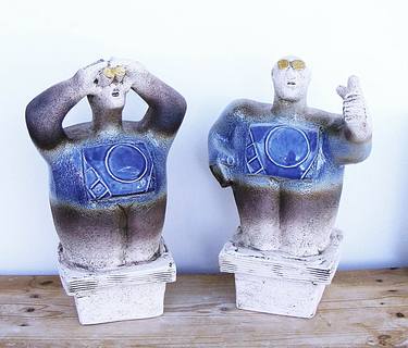 UFO Watchers - “Look, over there” - Ceramic Sculptures - (Pair) thumb