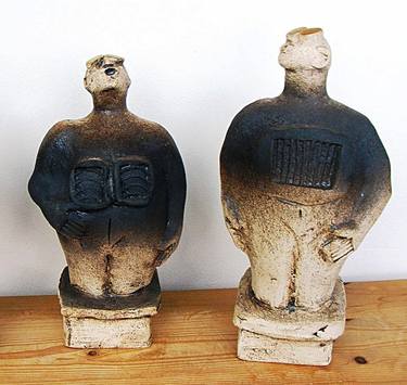 Pair of Stargazer Figures - Adult and Child - Ceramic Sculptures thumb