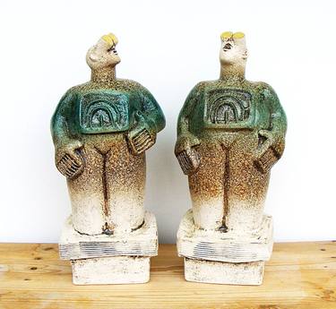 Pair of Stargazer Figures Observing the Andromeda Gallaxy - Ceramic Sculptures thumb