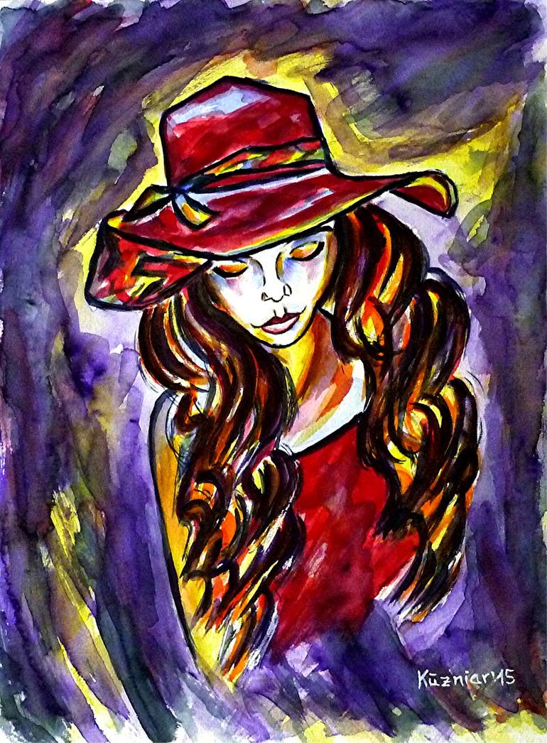 Girl with a red hat Painting by Mirek Kuzniar | Saatchi Art