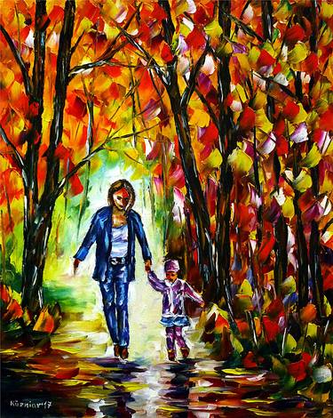 Mother with daughter in autumn forest thumb