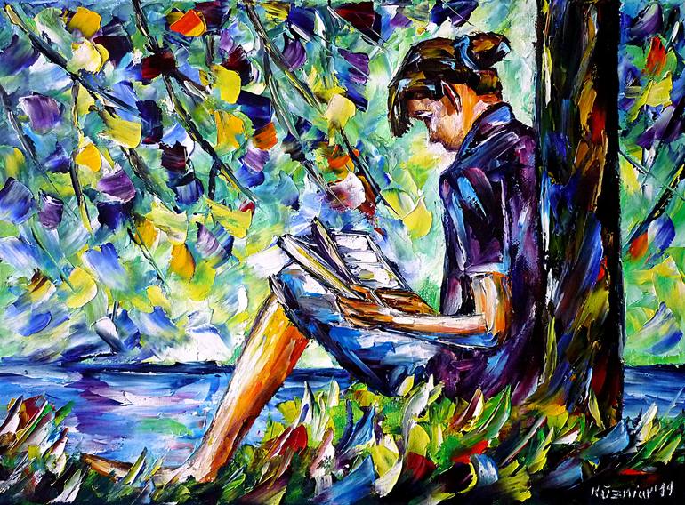 Reading by the river Painting by Mirek Kuzniar