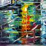 Colorful New York scenery at night.
A modern art direction in palette knife technique by Mirek Kuzniar.
Oil painting on canvas with certificate of authenticity and signed on the front and back.
Professional stretcher made in Germany, made of softwood. Covered by hand. 
Palette knife, March 2019.