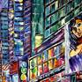 Colorful New York scenery at night.
A modern art direction in palette knife technique by Mirek Kuzniar.
Oil painting on canvas with certificate of authenticity and signed on the front and back.
Professional stretcher made in Germany, made of softwood. Covered by hand. 
Palette knife, March 2019.