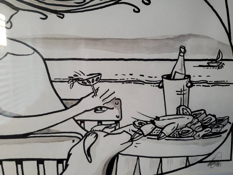 Original Black & White Beach Drawing by Ingrid De Ceuleneer