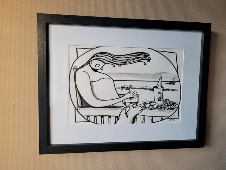Original Black & White Beach Drawing by Ingrid De Ceuleneer