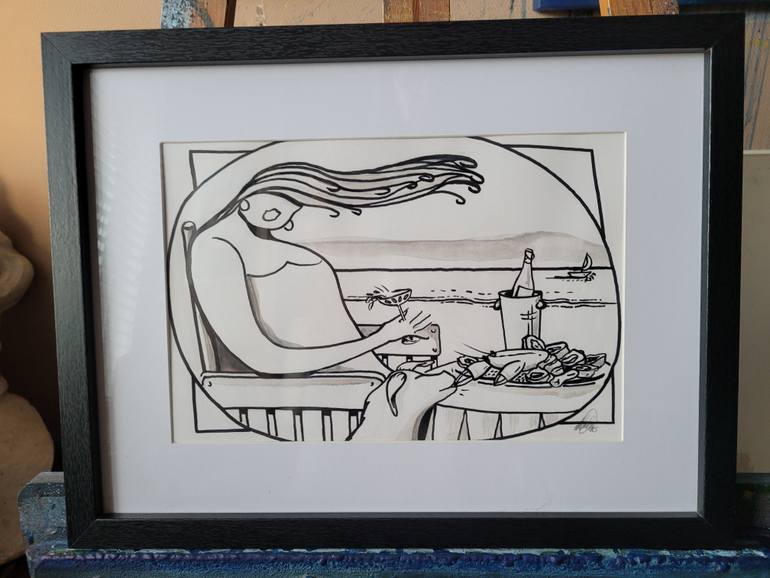 Original Black & White Beach Drawing by Ingrid De Ceuleneer