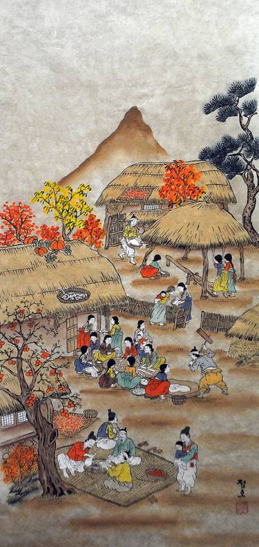 "Traditional Korean Folk Autumn Plowing" Original Watercolor Painting thumb