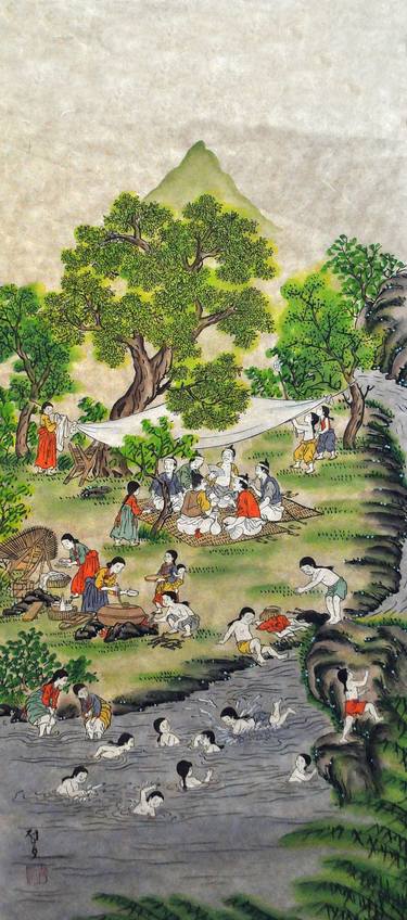 "Traditional Korean Family Summer" Landscape Original Watercolor Painting thumb