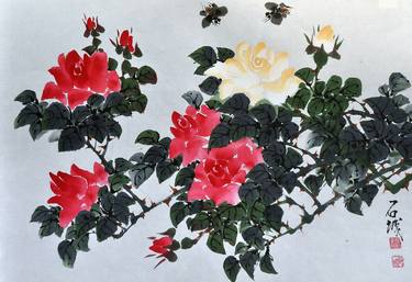 Beautiful Korean White & Red Roses  Original Water Color Painting Signed thumb