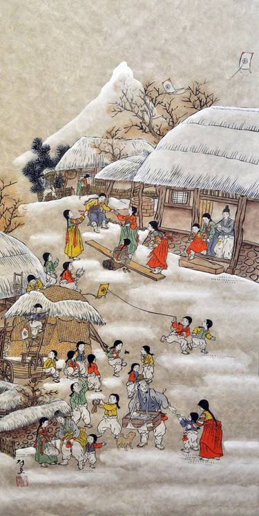 "Traditional Korean Winter Folk Village" Original Watercolor Painting Signed thumb