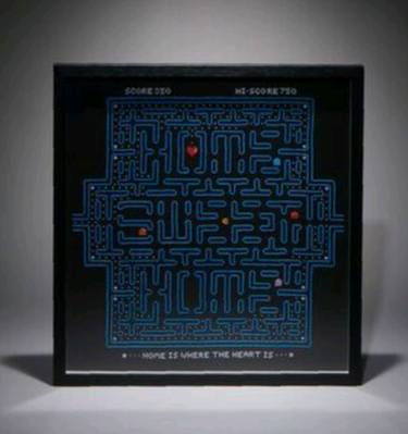 "Home Sweet Home Pac Maze" hand cross stitched textile art thumb