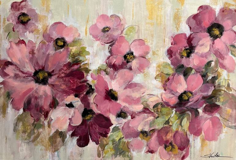 Original Floral Painting by Silvia Vassileva | Expressionism Art on Canvas | Pink and Green Floral