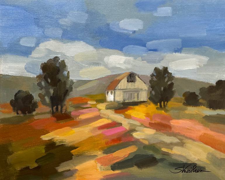 Original Landscape Painting by Silvia Vassileva | Impressionism Art on Canvas | Farm by the Hills