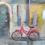 An evening view of a street inspired by European town. The painting is featuring old houses and a street. A red bicycle is the focal point. The cor palette is dramatic with bright colors on a dark navy background. Textured, with layers of colors, conveying evening. ready to hang.