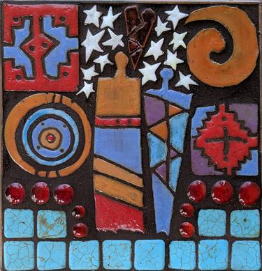 Songs of Healing- Clay mosaic from hand-cut tile and turquoise thumb