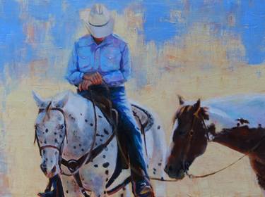 Horse of a Different Color, 12 X 16" original oil, western art with two horses and cowboy thumb