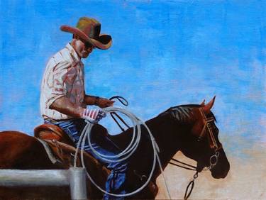 "Game Face", 24 X 18 " western original art of roper and horse, unframed, contemporary style with fine detail, vivid color thumb
