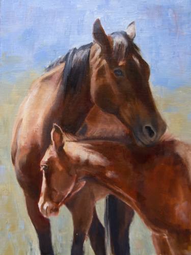 "Keeping Watch", 12 X 9" unframed foal and mare thumb