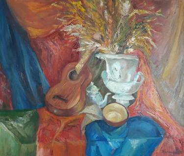 Modern painting "Still Life with Guitar" / Music/Flowers/Oil picture thumb