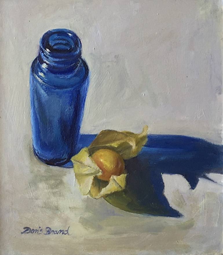 Blue medicine bottle and gooseberry Painting by Doris Brand | Saatchi Art