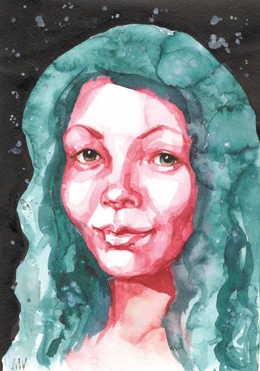 LET ME TELL YOU ABOUT STARS... - GIRL PORTRAIT - ORIGINAL WATERCOLOR PAINTING. thumb