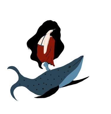 Woman in red on a blue whale thumb