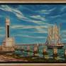 Oil on canvas.
The Belem is a French school ship. It is leaving the port of Bayonne, in the south-west of France, French Basque Country.
Framed in silver grey and black american box