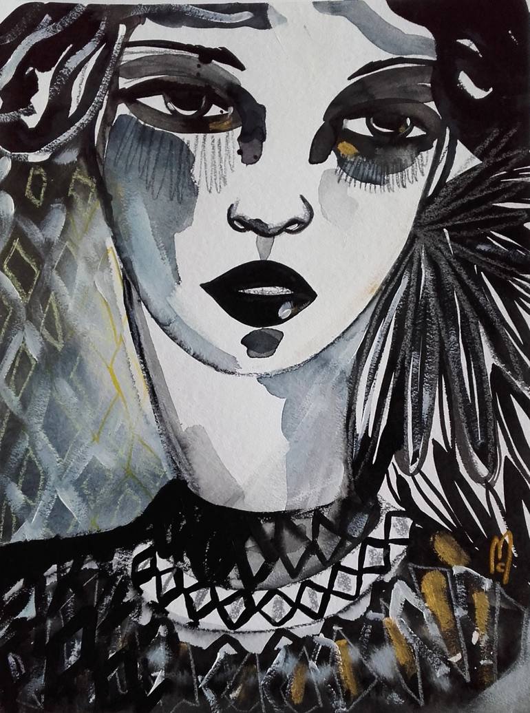 Woman Portrait Painting Face Beauty Ink Painting by Céline Marcoz ...