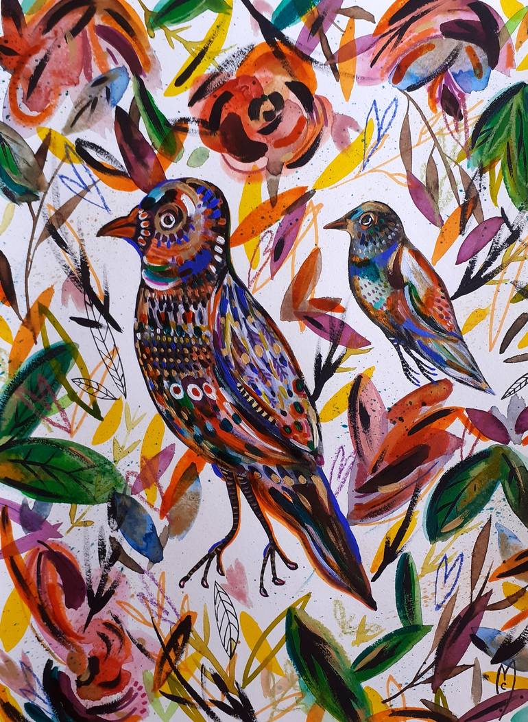 Birds and Flowers Painting by Céline Marcoz | Saatchi Art