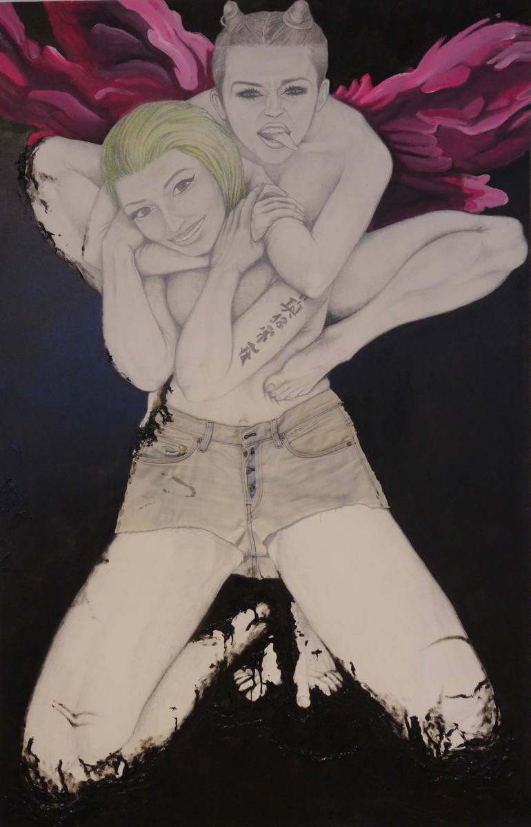 Nicky Minaj Porn Down Load - Girl on Girl Friction: Miley Cyrus vs. Nicki Minaj Painting by Dennie Boxem  | Saatchi Art