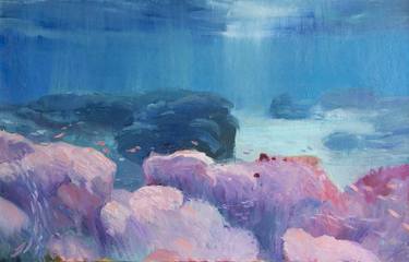 Freediving coral reef underwater seascape oil painting tropical sea ocean thumb