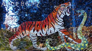 Tiger and snake in stars night blue thumb