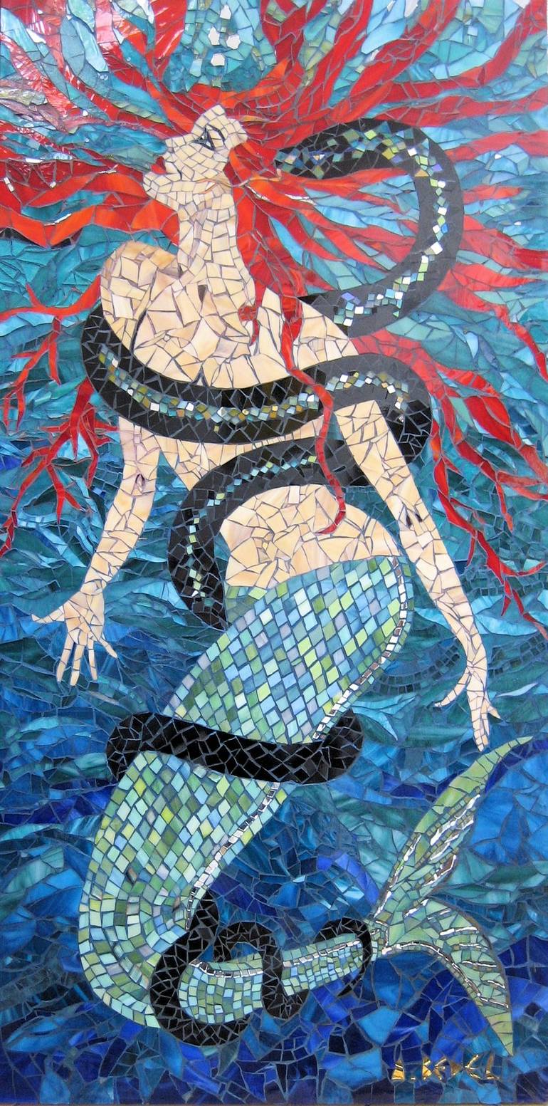 Mermaid with coral hair and snake Sculpture by Anne Bedel | Saatchi Art