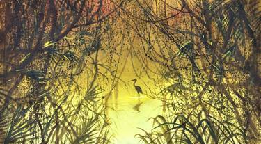 "Mangrove sunset with crane". thumb