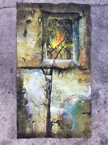 "Tropical sunset through old stone window". Large, Original, mixed media painting on artisan, handmade, thick, paper sheet. Ready to frame. thumb