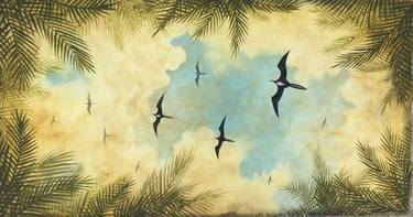 Tropical sky with flying frigate birds. thumb