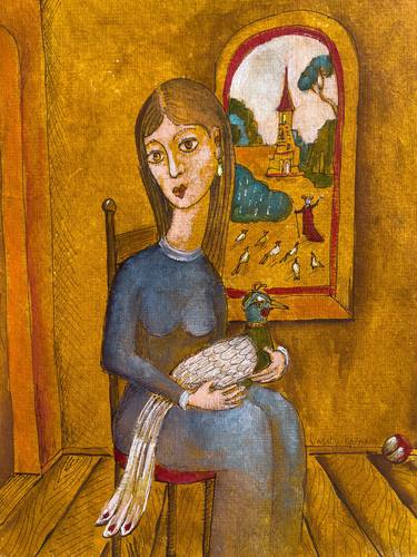 Woman with the bird by the window thumb