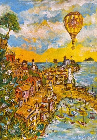 The Village on the Shore and Hot Air Balloons. thumb