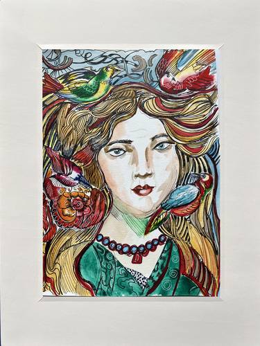 Young woman with birds and blue and red necklace. thumb