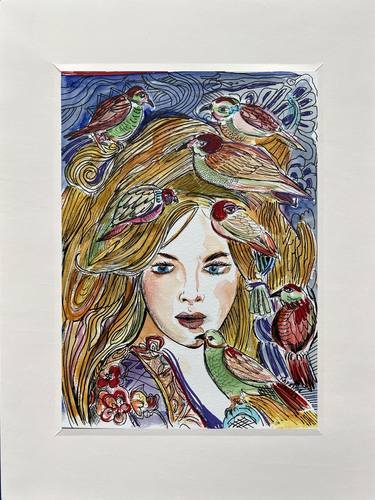 he young woman with the birds in her hair. thumb