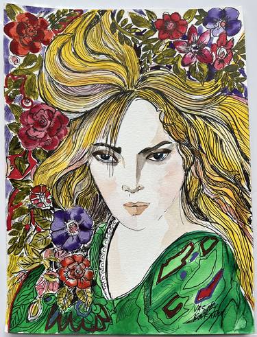 Young woman in green dress with the flowers in her hair. thumb