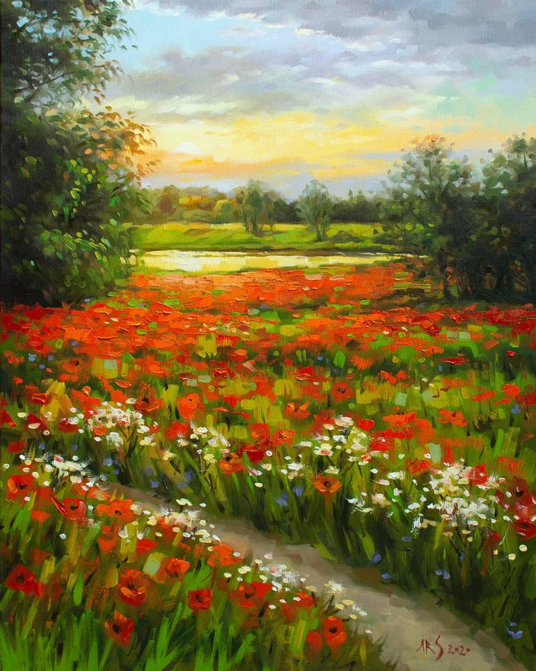 Poppy Field (Modern Impressionistic Landscape Oil Painting) Painting by ...