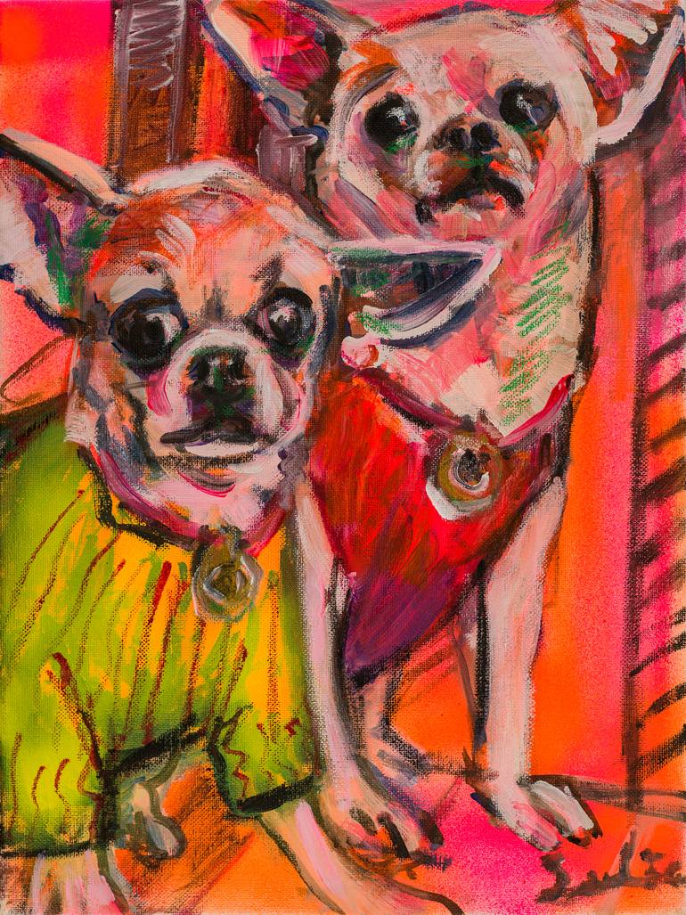 Original Animal Painting by Liesbeth Serlie  Illustration Art on Canvas  Chihuahuas