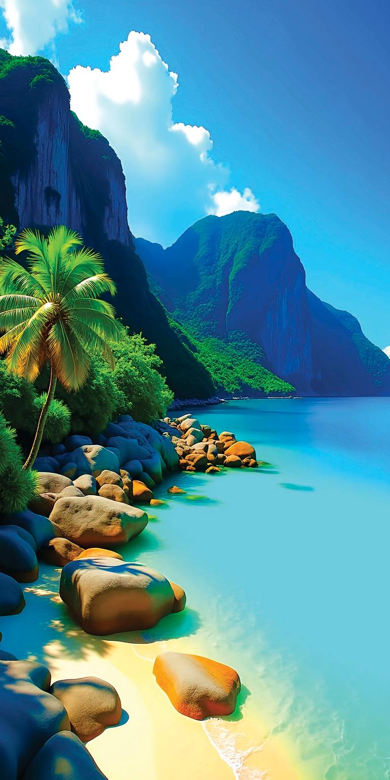 Original Beach Printmaking by Andreas Ritter  Photorealism Art on Acrylic  Paradies 1