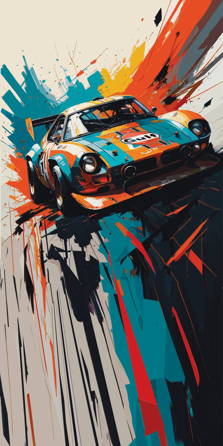 Original Car Printmaking by Andreas Ritter  Pop Art Art on Acrylic  BLUEORANGEGULF 1